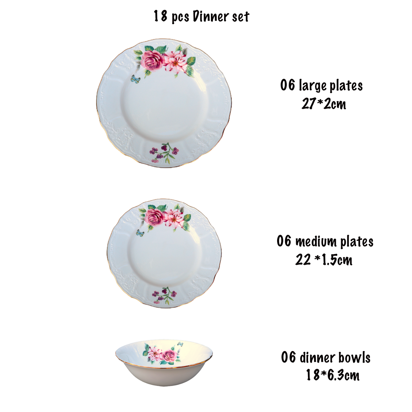 18 Pcs Gold Rim Dinnerware Embossed White with Rose Pattern