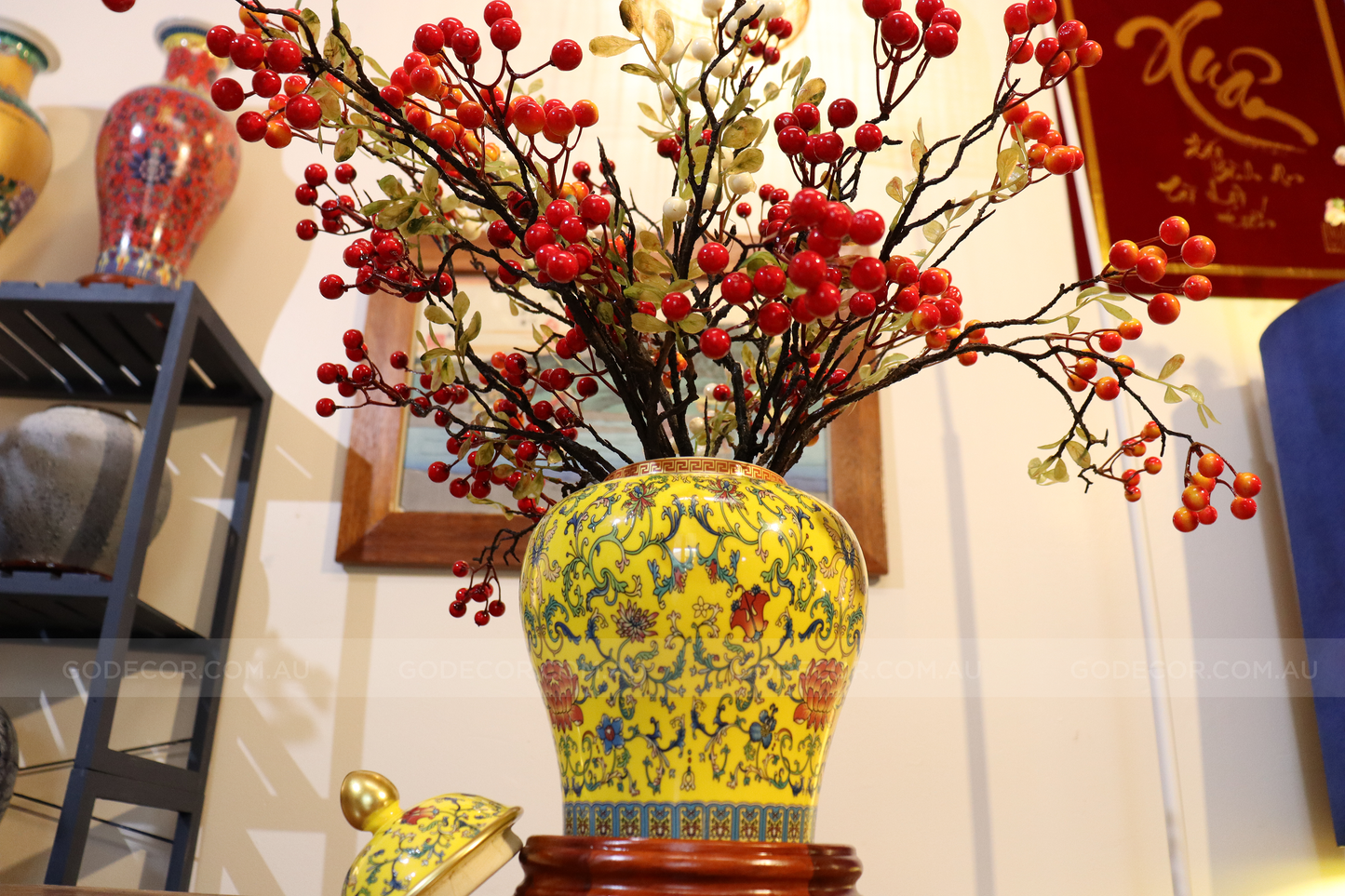 50CM Tall Artificial Flower Arrangement Berry Branches In Yellow Chinese Pattern Jar (ARAA3)