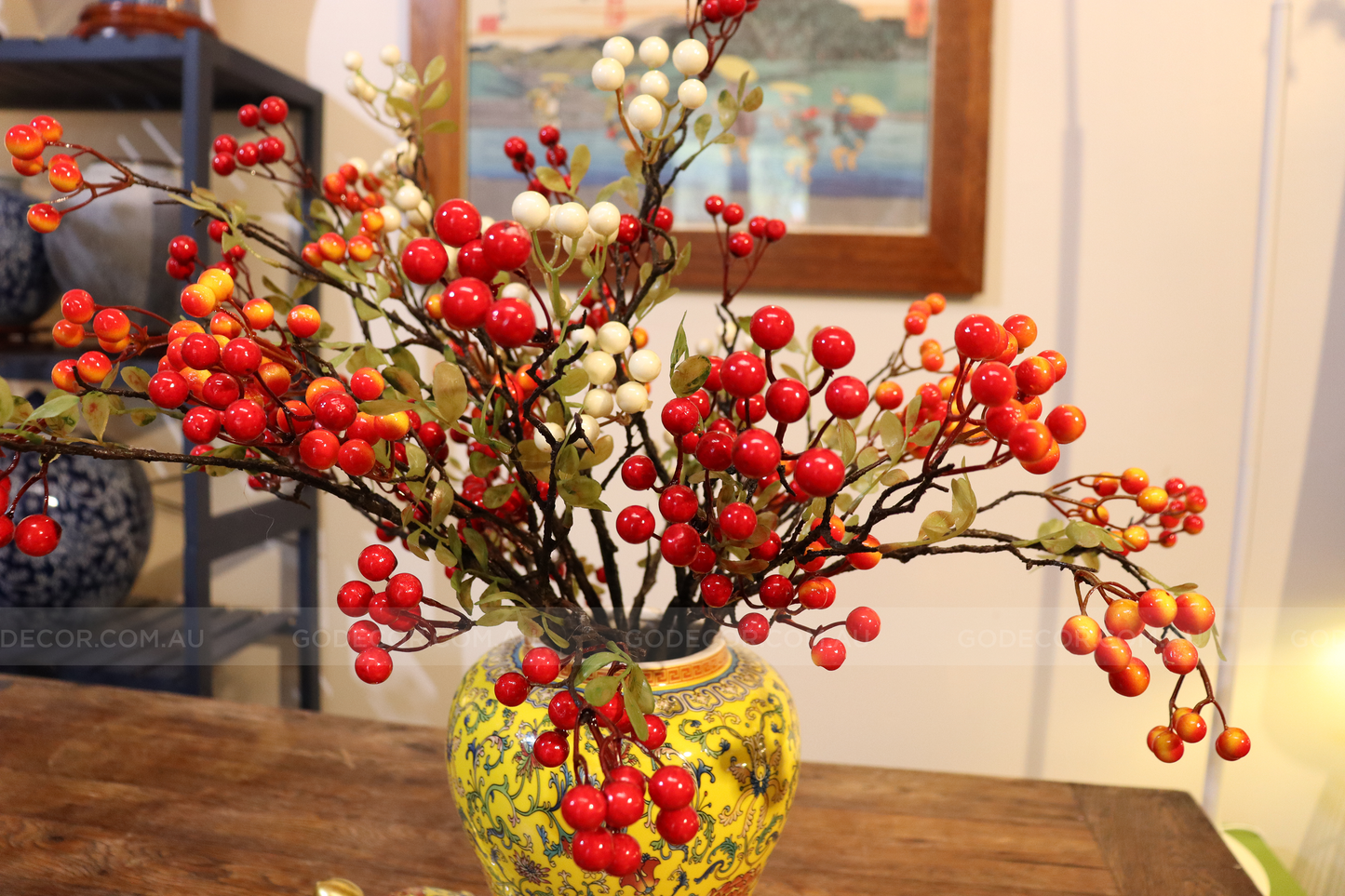 50CM Tall Artificial Flower Arrangement Berry Branches In Yellow Chinese Pattern Jar (ARAA3)