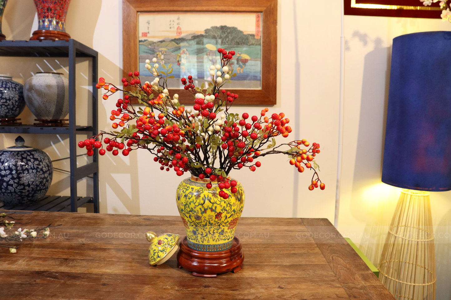 50CM Tall Artificial Flower Arrangement Berry Branches In Yellow Chinese Pattern Jar (ARAA3)