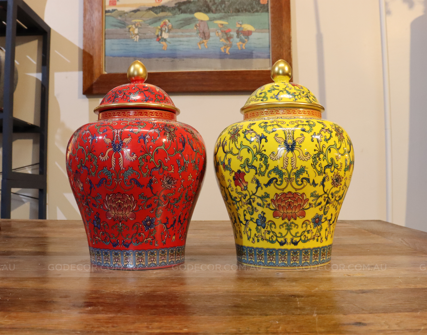 50CM Tall Artificial Flower Arrangement Berry Branches In Yellow Chinese Pattern Jar (ARAA3)