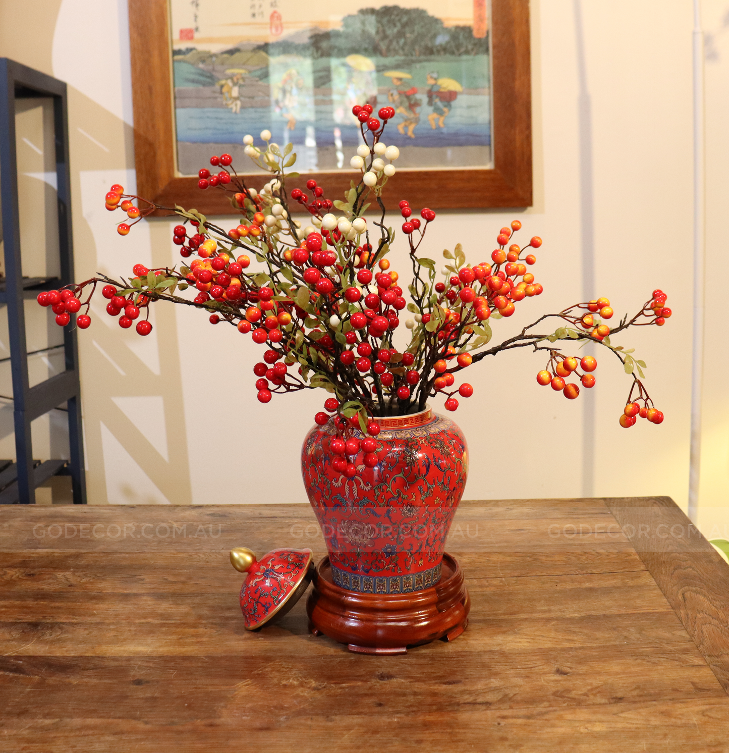 50CM Tall Artificial Flower Arrangement Berry Branches In Yellow Chinese Pattern Jar (ARAA3)