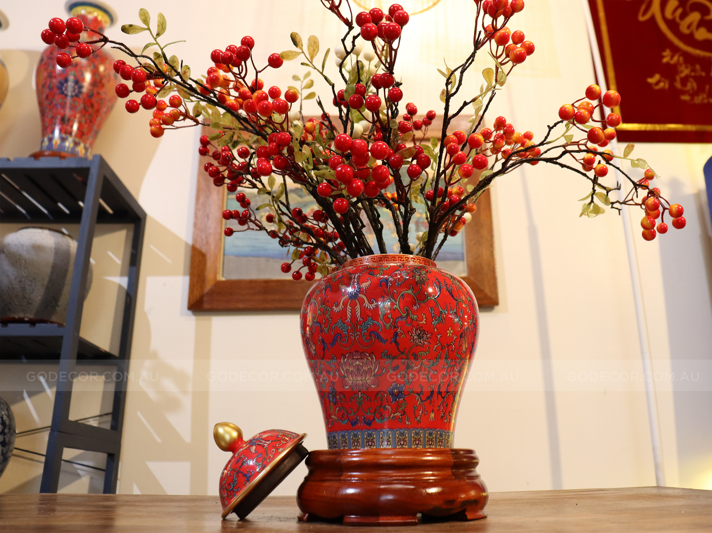 50CM Tall Artificial Flower Arrangement Berry Branches In Yellow Chinese Pattern Jar (ARAA3)