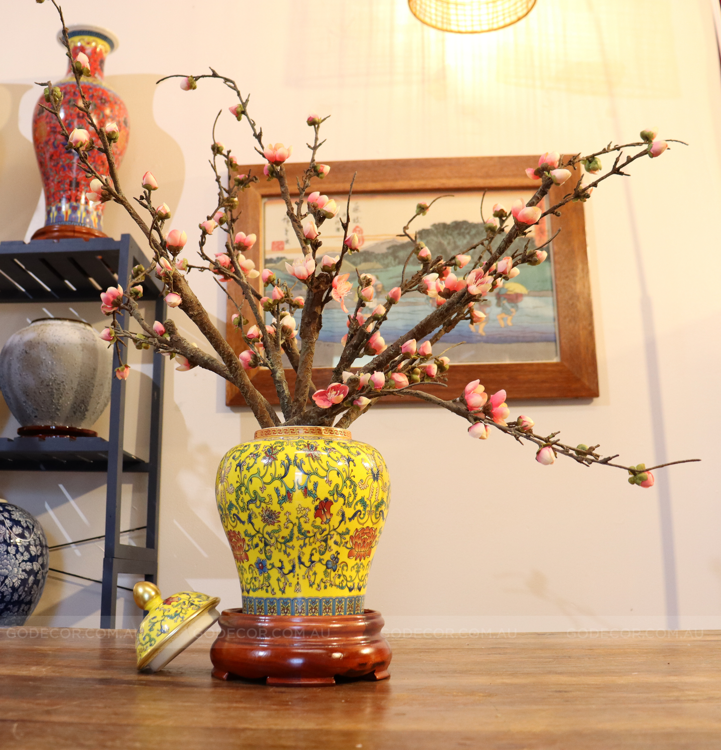 50CM Tall Artificial Flower Arrangement Realistic Plum Blossom In Yellow Chinese Pattern Jar (ARAA1)