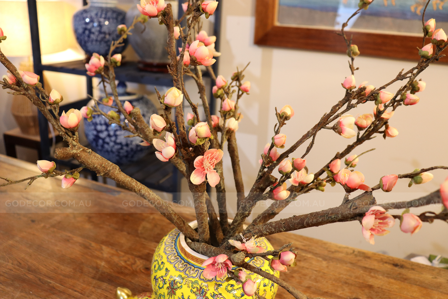 50CM Tall Artificial Flower Arrangement Realistic Plum Blossom In Yellow Chinese Pattern Jar (ARAA1)