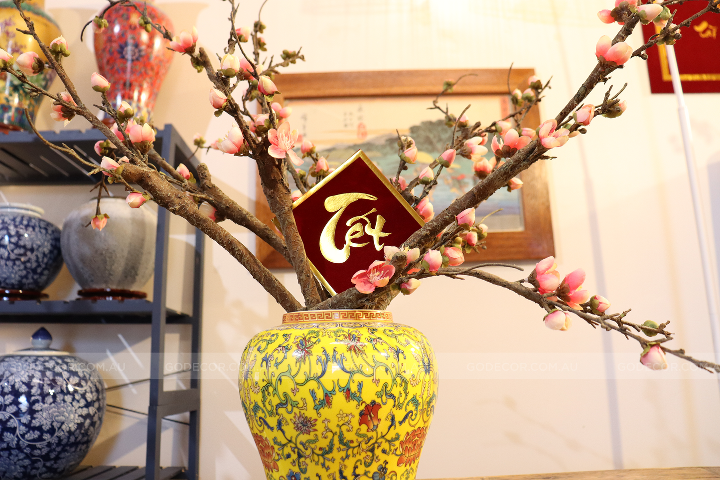 50CM Tall Artificial Flower Arrangement Realistic Plum Blossom In Yellow Chinese Pattern Jar (ARAA1)