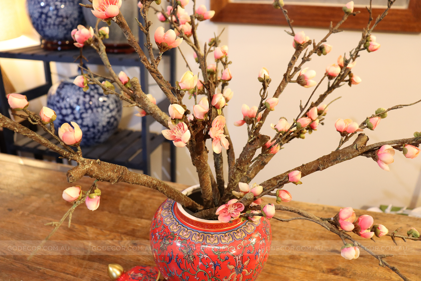 50CM Tall Artificial Flower Arrangement Plum Blossom In Red Chinese Pattern Jar (ARAA5)