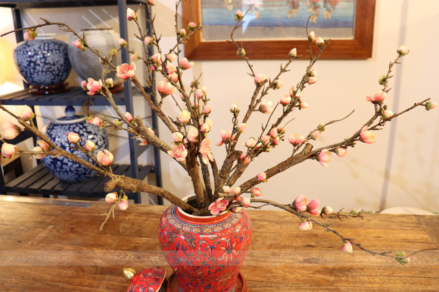 50CM Tall Artificial Flower Arrangement Plum Blossom In Red Chinese Pattern Jar (ARAA5)
