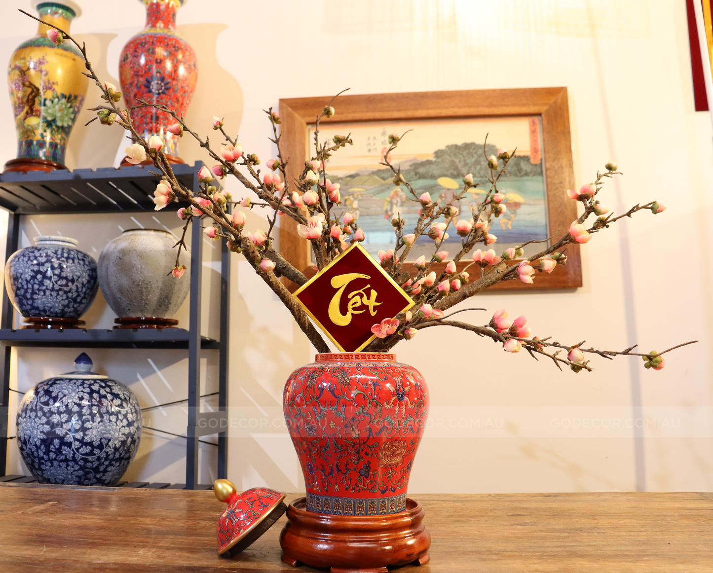 50CM Tall Artificial Flower Arrangement Plum Blossom In Red Chinese Pattern Jar (ARAA5)