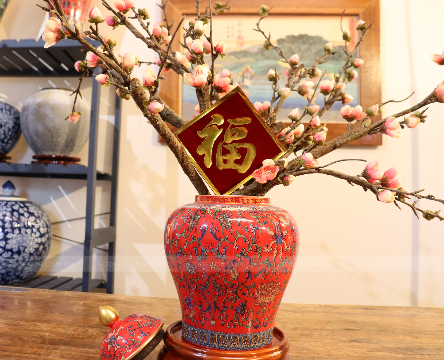 50CM Tall Artificial Flower Arrangement Plum Blossom In Red Chinese Pattern Jar (ARAA5)
