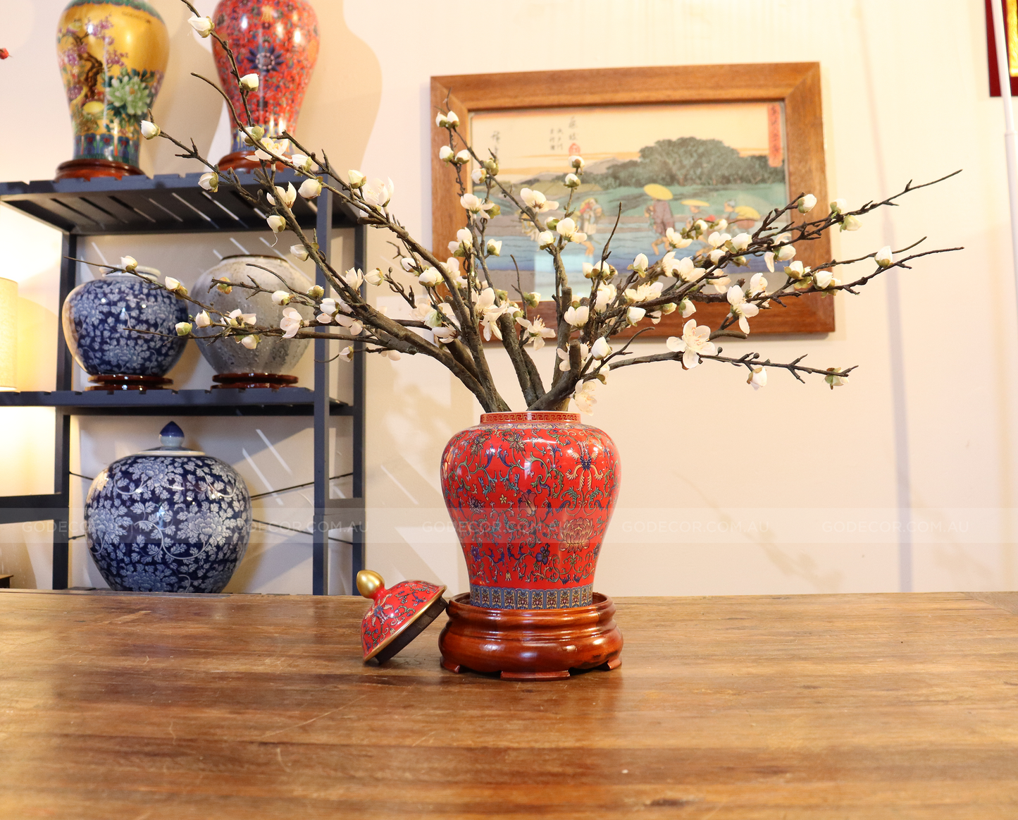 50CM Tall Artificial Flower Arrangement Plum Blossom In Red Chinese Pattern Jar (ARAA5)