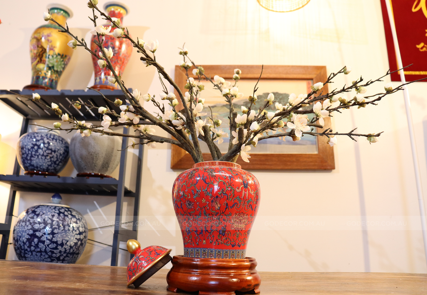 50CM Tall Artificial Flower Arrangement Plum Blossom In Red Chinese Pattern Jar (ARAA5)