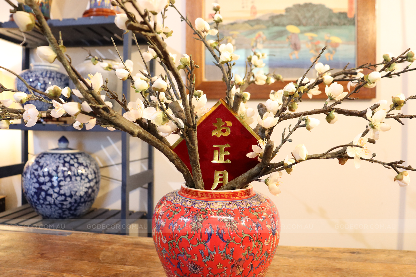 50CM Tall Artificial Flower Arrangement Plum Blossom In Red Chinese Pattern Jar (ARAA5)