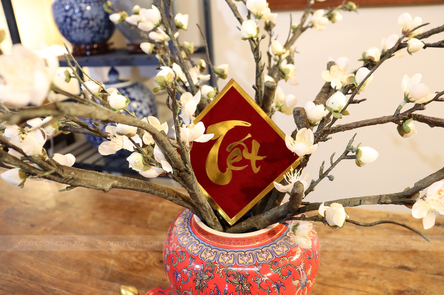 50CM Tall Artificial Flower Arrangement Plum Blossom In Red Chinese Pattern Jar (ARAA5)