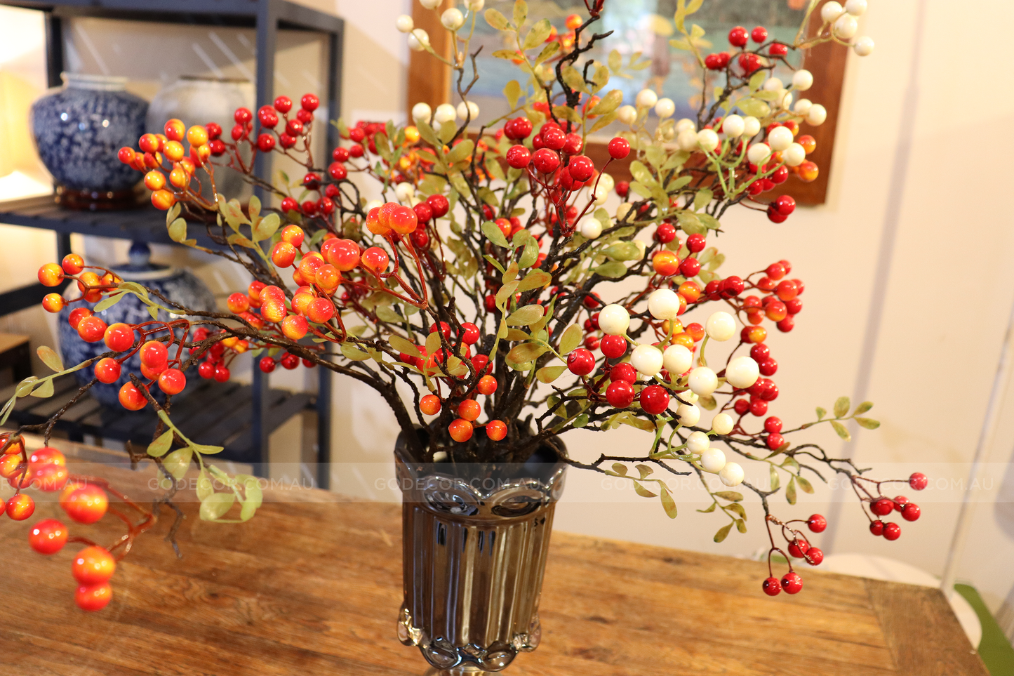 68CM Tall Artificial Flower Arrangement Realistic Berry Branches In Botanical Jar (ARAC1)