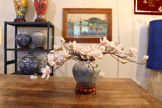 38cm Tall Artificial Flower Arrangement Realistic Magnolia In Short Grey Ombre Vase (ARAI1)