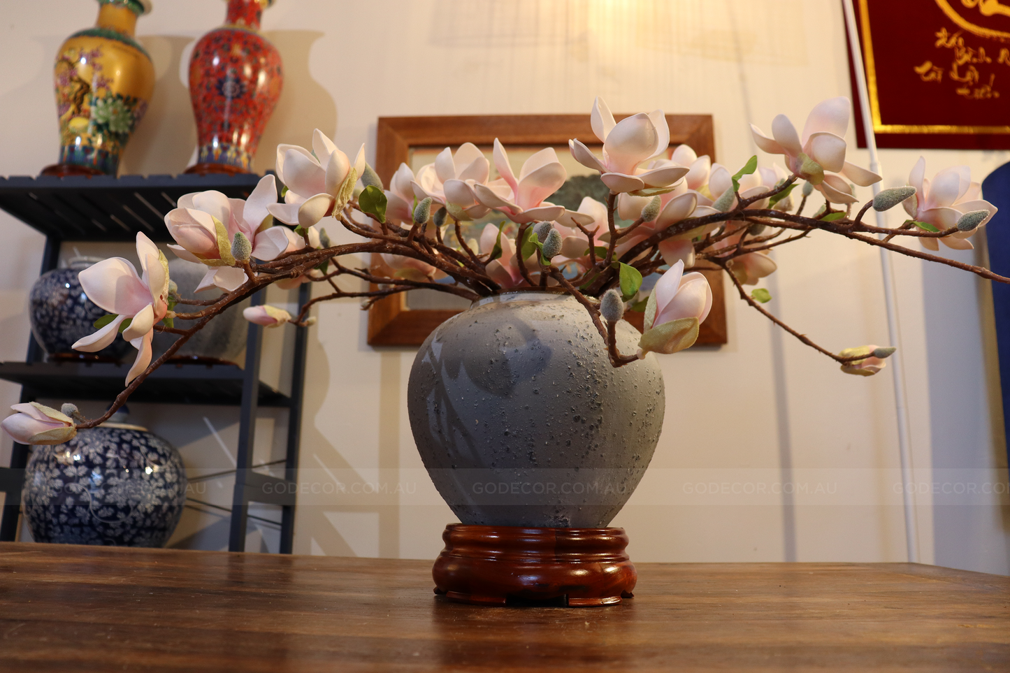38cm Tall Artificial Flower Arrangement Realistic Magnolia In Short Grey Ombre Vase (ARAI1)