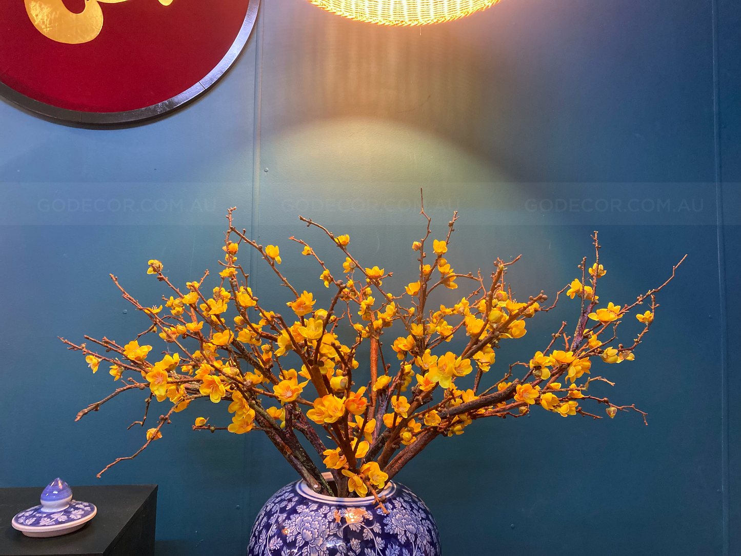 76CM Artificial Flower Yellow Plum Blossom In Round Blue & White Chinese Pattern Jar (ARCS1)