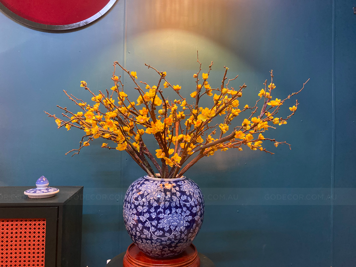 76CM Artificial Flower Yellow Plum Blossom In Round Blue & White Chinese Pattern Jar (ARCS1)