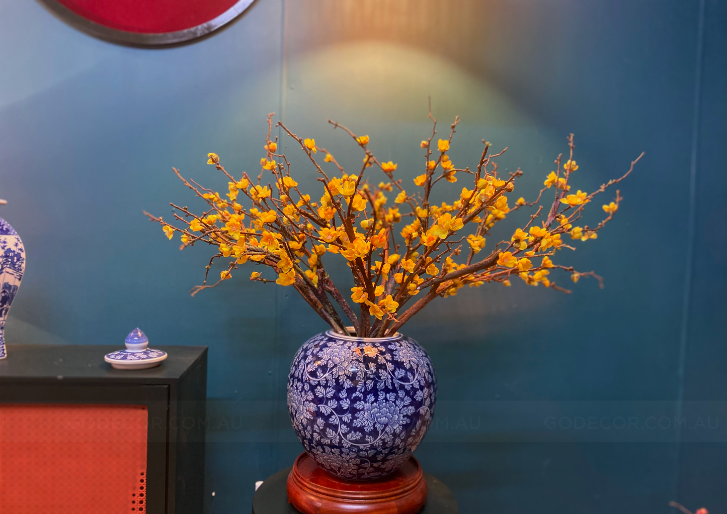 76CM Artificial Flower Yellow Plum Blossom In Round Blue & White Chinese Pattern Jar (ARCS1)