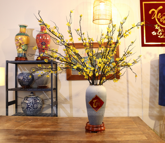 1M Tall Artificial Flower Arrangement Winter Jasmine In Grey Ombre Vase (ARAK1)