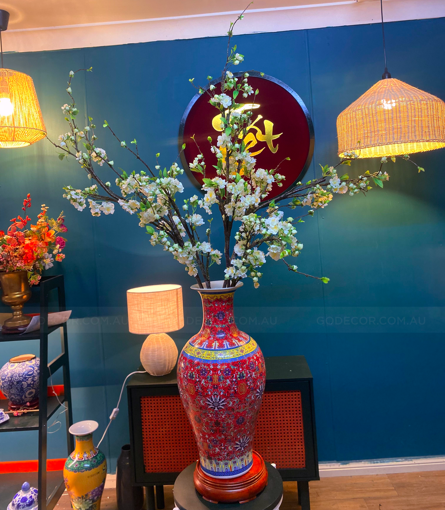 1.6M Artificial Flowers Arrangement Plum Blossom in Chinese Pattern Vase (ARBC2)