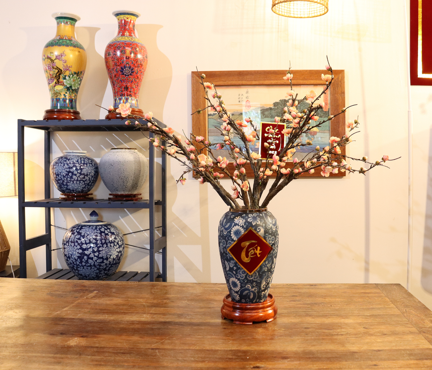 73CM Tall Artificial Flowers Arrangement Plum Blossom In Blue & White Pattern Vase (ARAL1)