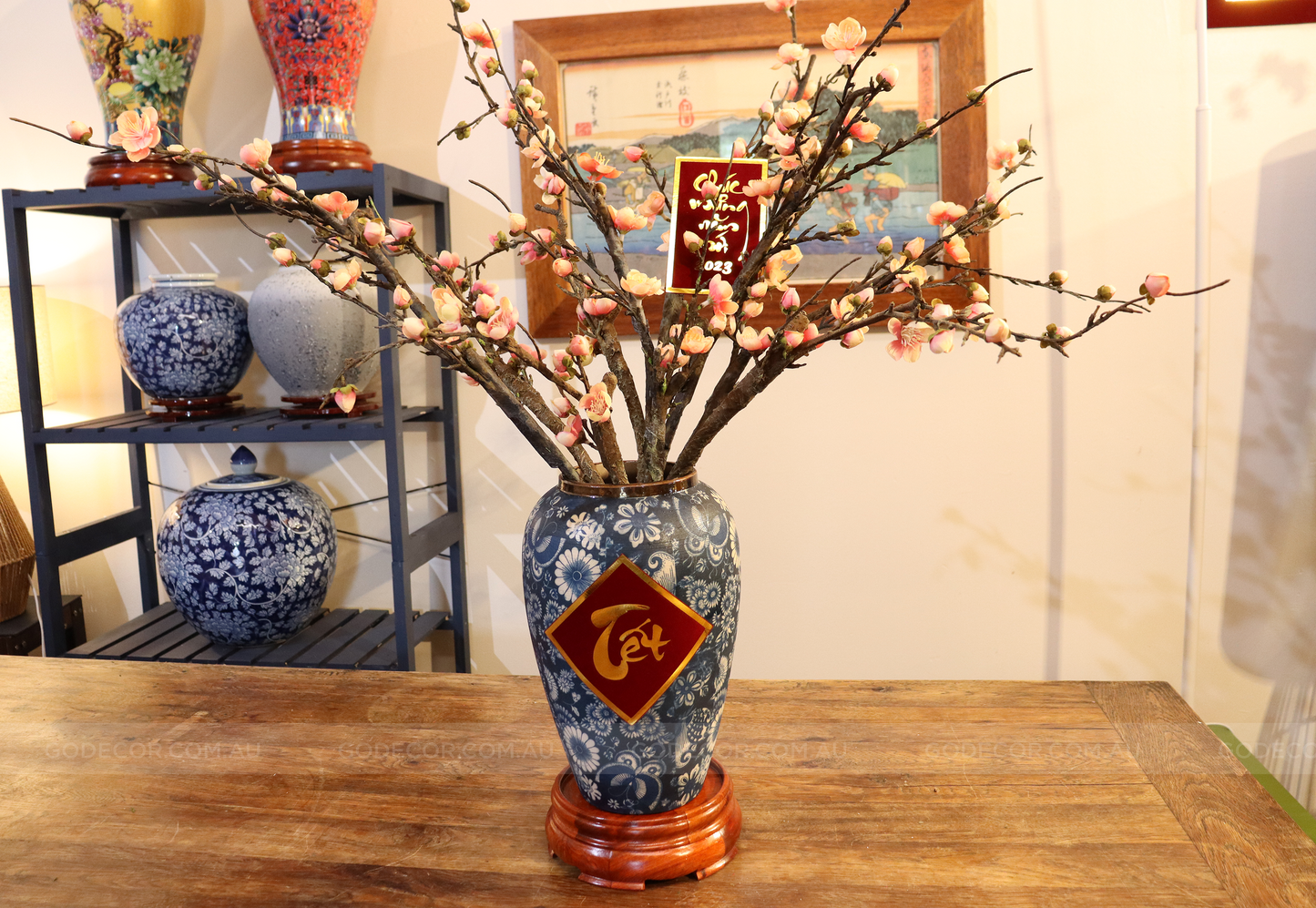 73CM Tall Artificial Flowers Arrangement Plum Blossom In Blue & White Pattern Vase (ARAL1)