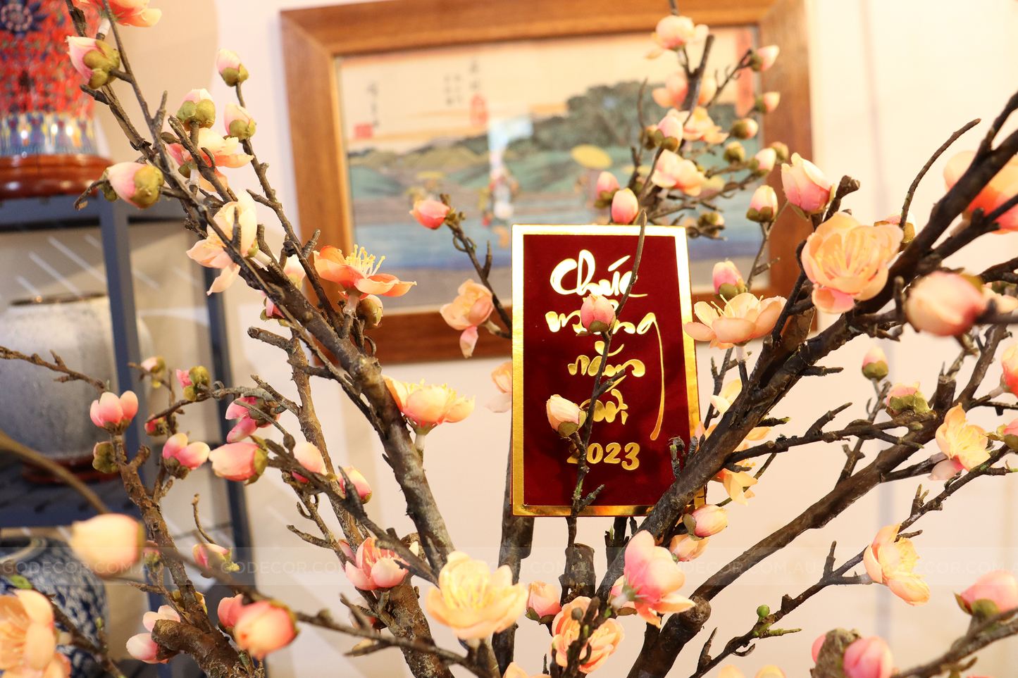 73CM Tall Artificial Flowers Arrangement Plum Blossom In Blue & White Pattern Vase (ARAL1)