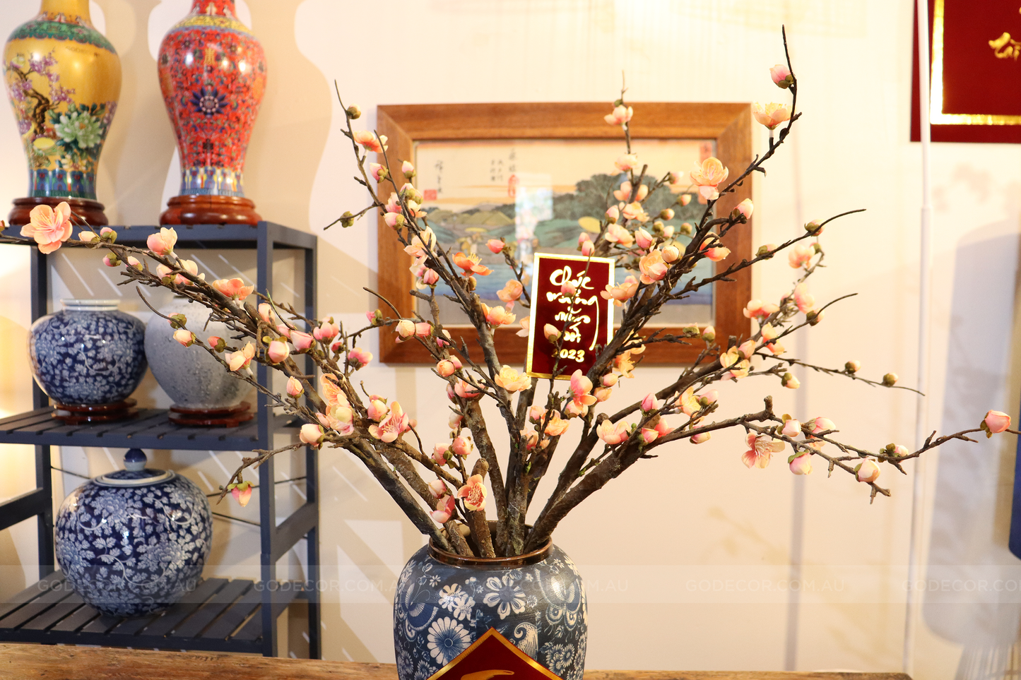 73CM Tall Artificial Flowers Arrangement Plum Blossom In Blue & White Pattern Vase (ARAL1)