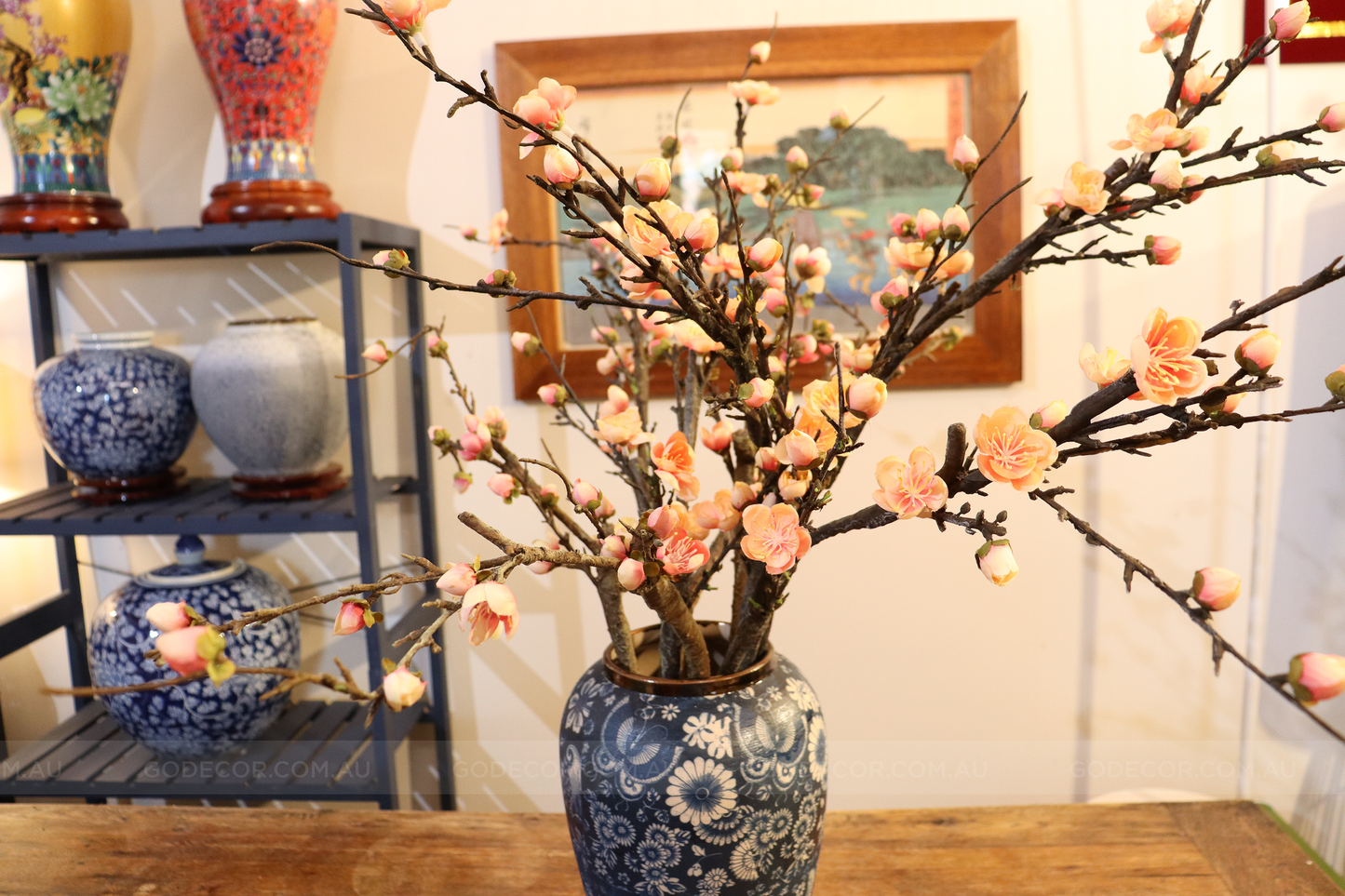 73CM Tall Artificial Flowers Arrangement Plum Blossom In Blue & White Pattern Vase (ARAL1)