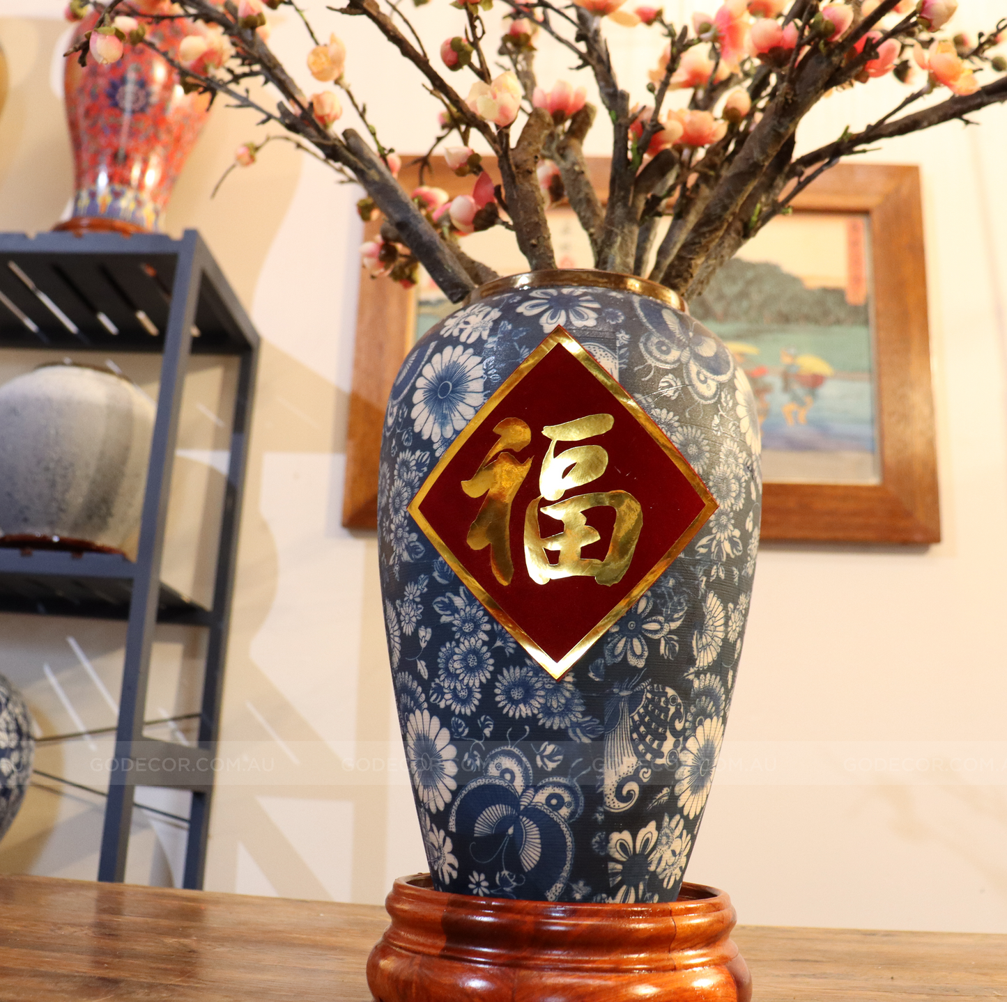 73CM Tall Artificial Flowers Arrangement Plum Blossom In Blue & White Pattern Vase (ARAL1)