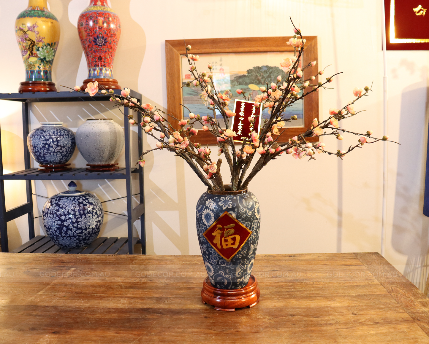 73CM Tall Artificial Flowers Arrangement Plum Blossom In Blue & White Pattern Vase (ARAL1)