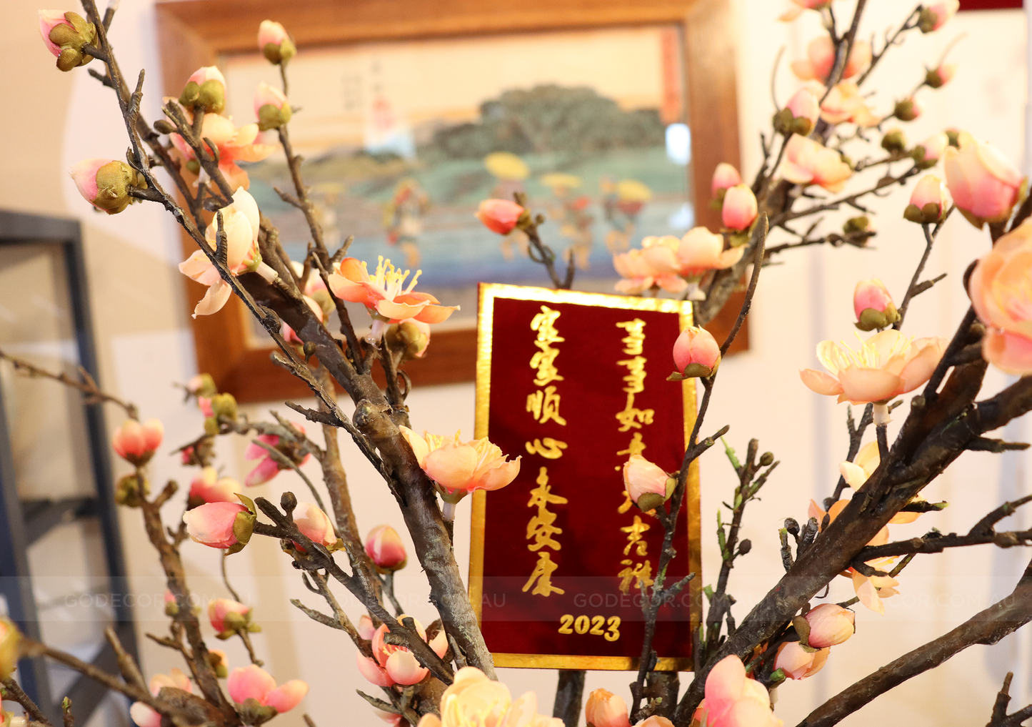 73CM Tall Artificial Flowers Arrangement Plum Blossom In Blue & White Pattern Vase (ARAL1)