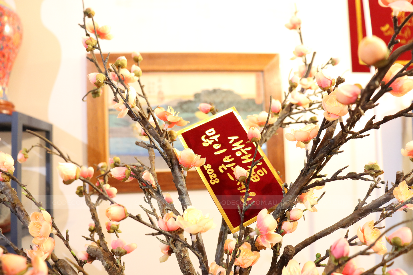 73CM Tall Artificial Flowers Arrangement Plum Blossom In Blue & White Pattern Vase (ARAL1)