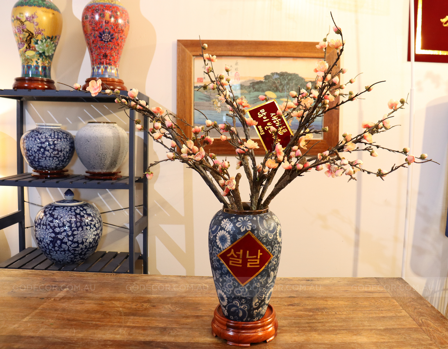 73CM Tall Artificial Flowers Arrangement Plum Blossom In Blue & White Pattern Vase (ARAL1)