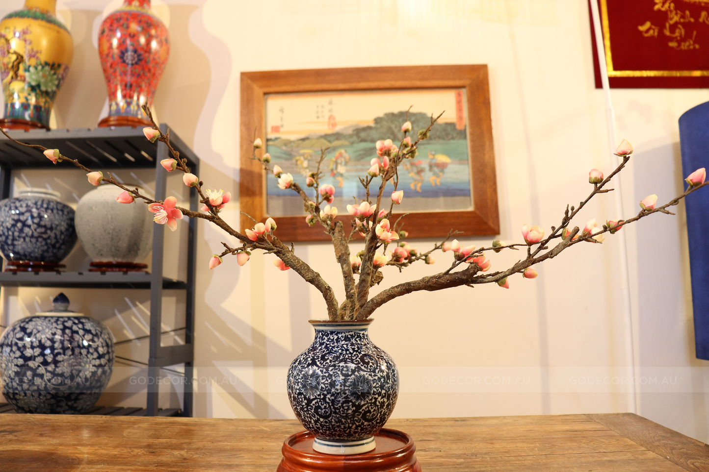 51CM Tall Artificial Flower Arrangement Realistic Plum Blossom In Short Blue Pattern Vase (ARCT1)