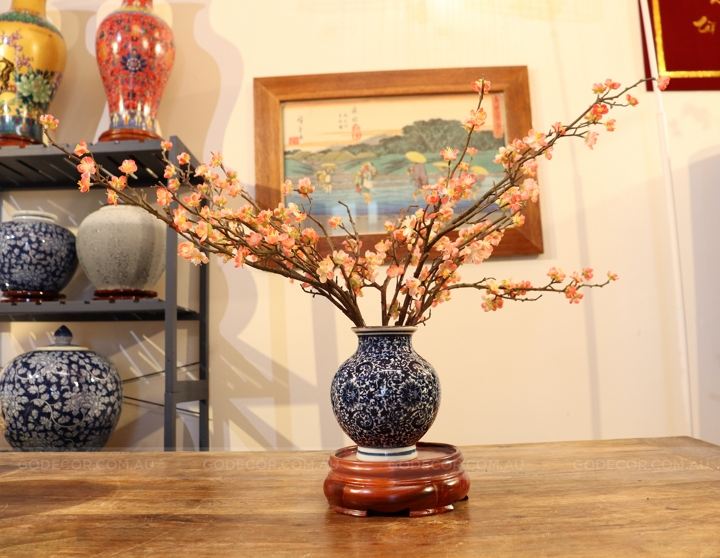 58CM Tall Artificial Flower Arrangement Cherry Blossom In Short Blue & White Chinese Pattern Vase (ARAF1,2)