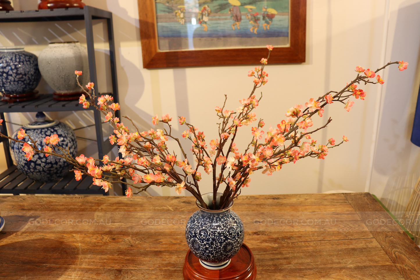 58CM Tall Artificial Flower Arrangement Cherry Blossom In Short Blue & White Chinese Pattern Vase (ARAF1,2)