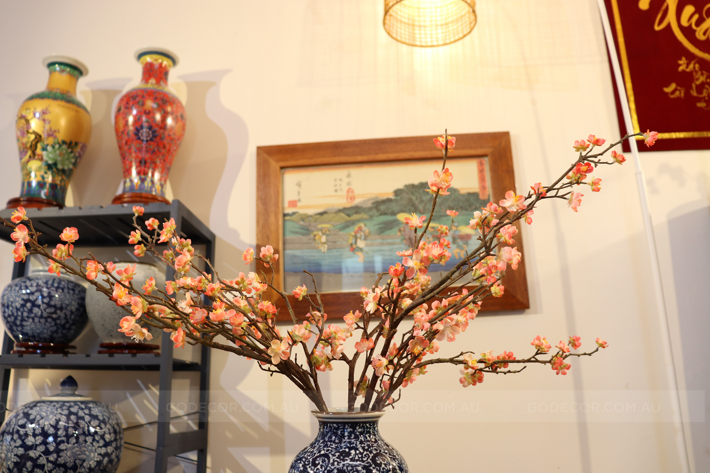 58CM Tall Artificial Flower Arrangement Cherry Blossom In Short Blue & White Chinese Pattern Vase (ARAF1,2)