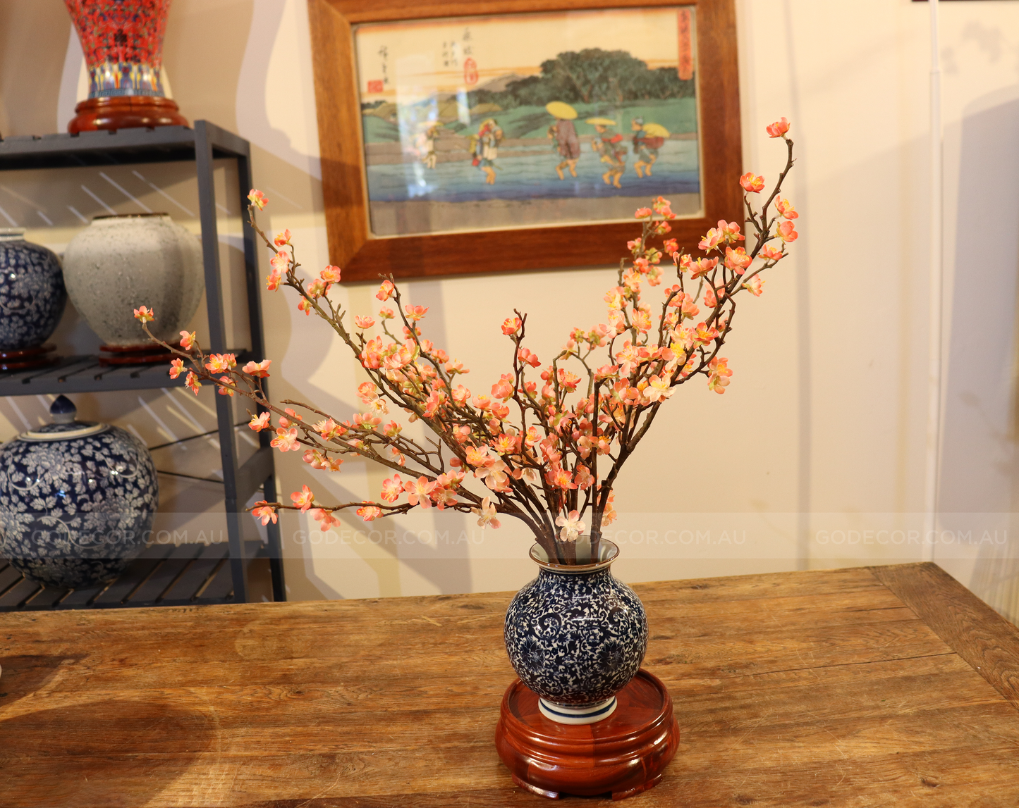 58CM Tall Artificial Flower Arrangement Cherry Blossom In Short Blue & White Chinese Pattern Vase (ARAF1,2)