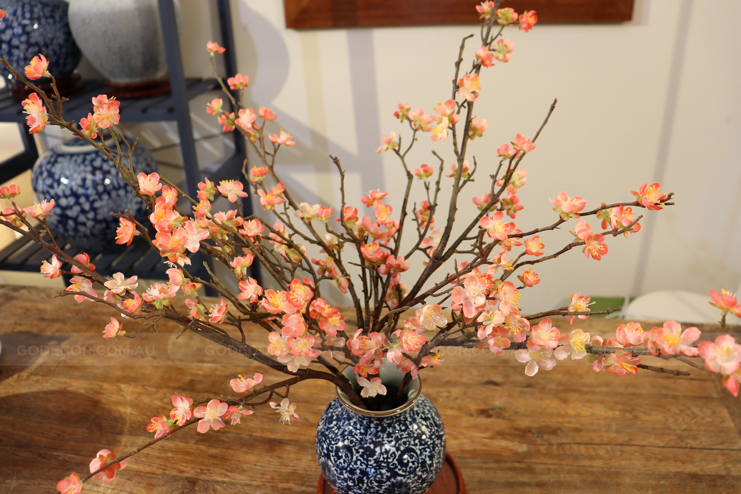 58CM Tall Artificial Flower Arrangement Cherry Blossom In Short Blue & White Chinese Pattern Vase (ARAF1,2)