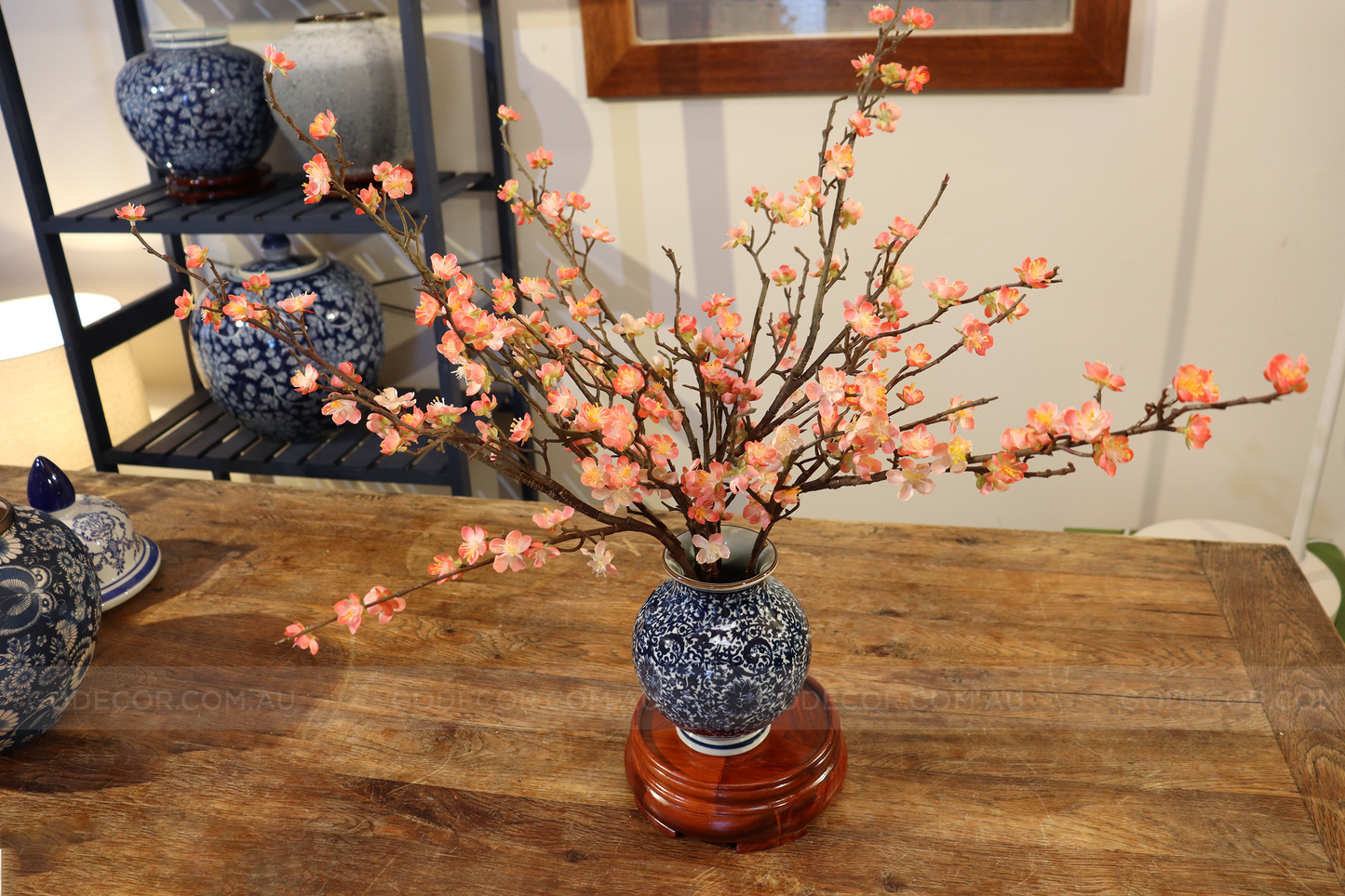 58CM Tall Artificial Flower Arrangement Cherry Blossom In Short Blue & White Chinese Pattern Vase (ARAF1,2)