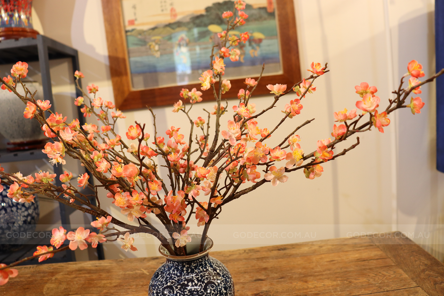 58CM Tall Artificial Flower Arrangement Cherry Blossom In Short Blue & White Chinese Pattern Vase (ARAF1,2)