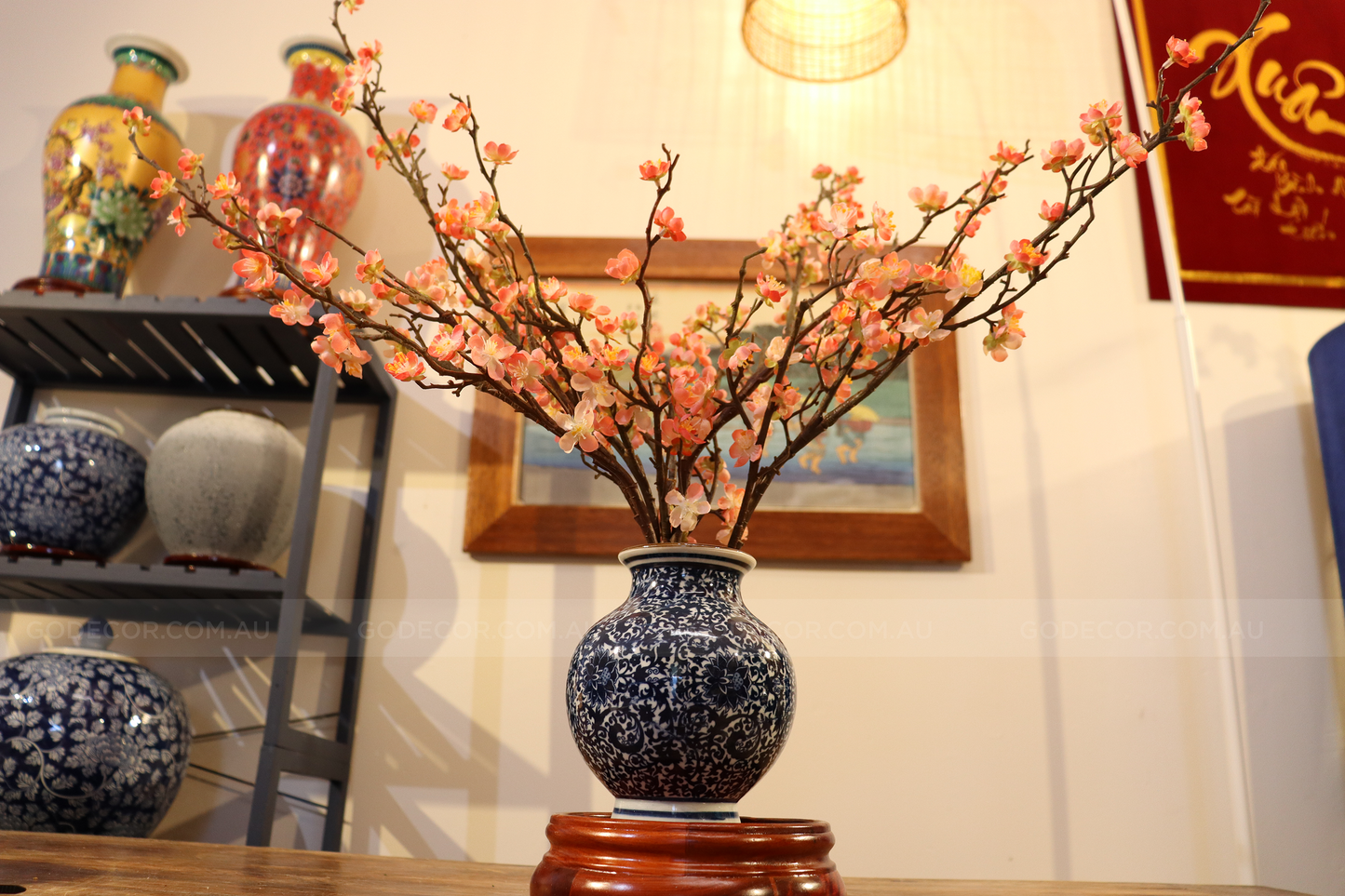 58CM Tall Artificial Flower Arrangement Cherry Blossom In Short Blue & White Chinese Pattern Vase (ARAF1,2)