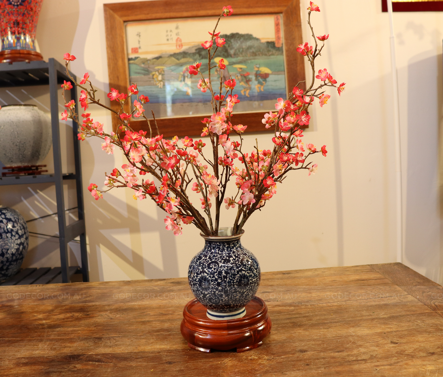 58CM Tall Artificial Flower Arrangement Cherry Blossom In Short Blue & White Chinese Pattern Vase (ARAF1,2)