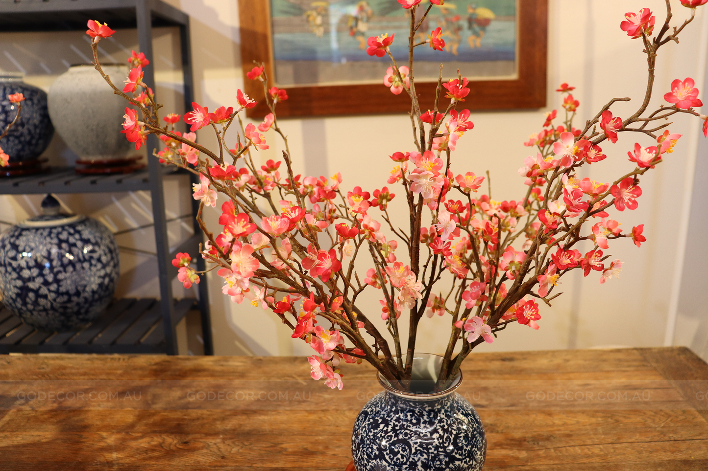 58CM Tall Artificial Flower Arrangement Cherry Blossom In Short Blue & White Chinese Pattern Vase (ARAF1,2)