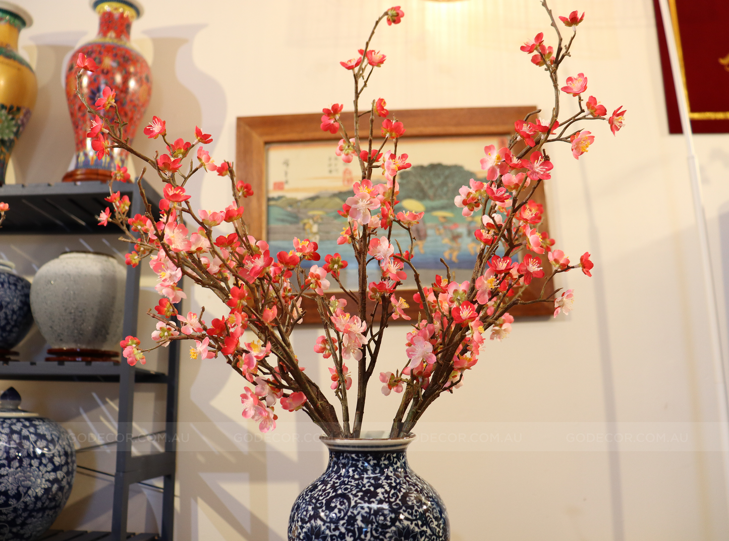 58CM Tall Artificial Flower Arrangement Cherry Blossom In Short Blue & White Chinese Pattern Vase (ARAF1,2)