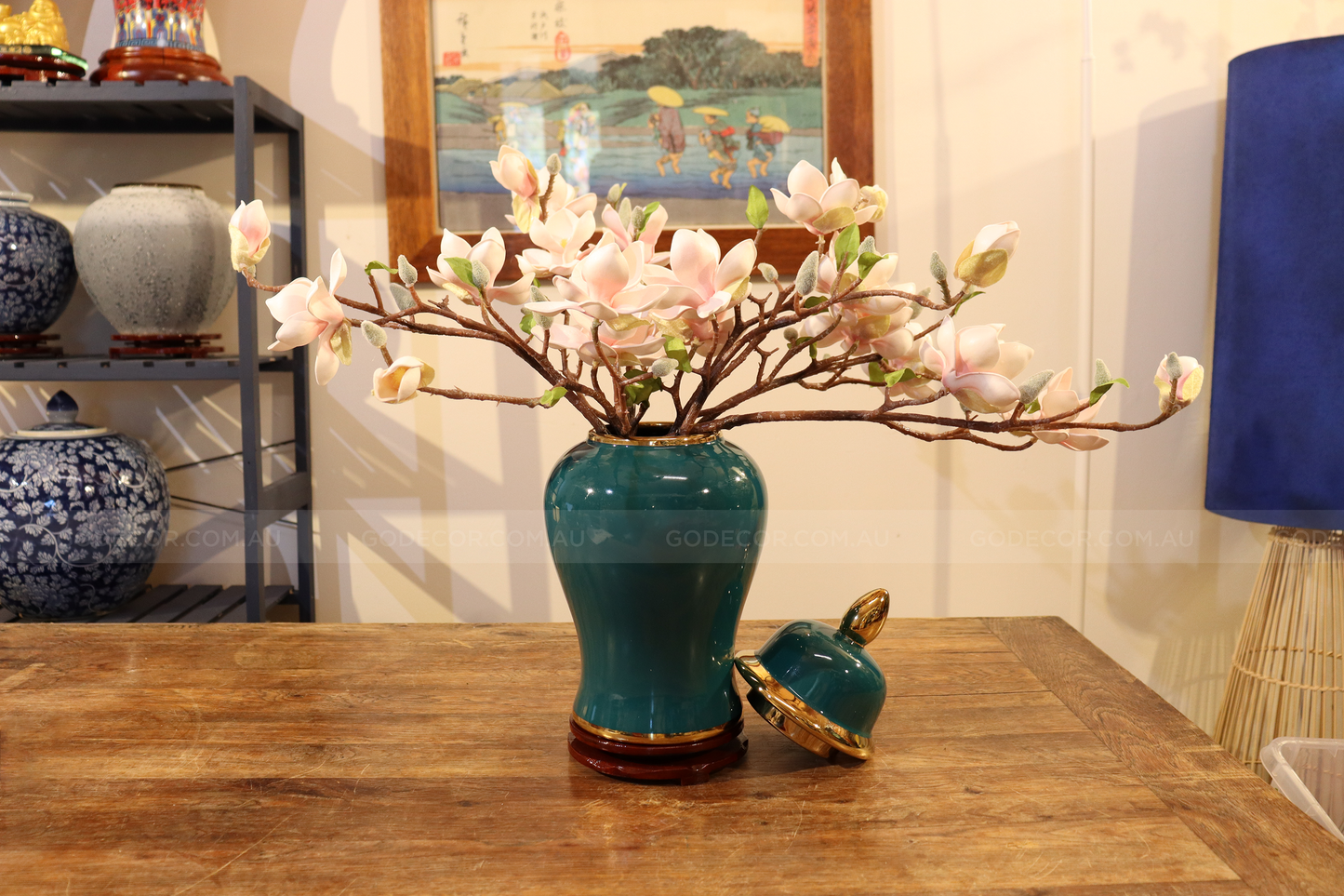 45CM Tall Artificial Flower Arrangement Realistic Magnolia In Dark Green Jar (ARAQ1)