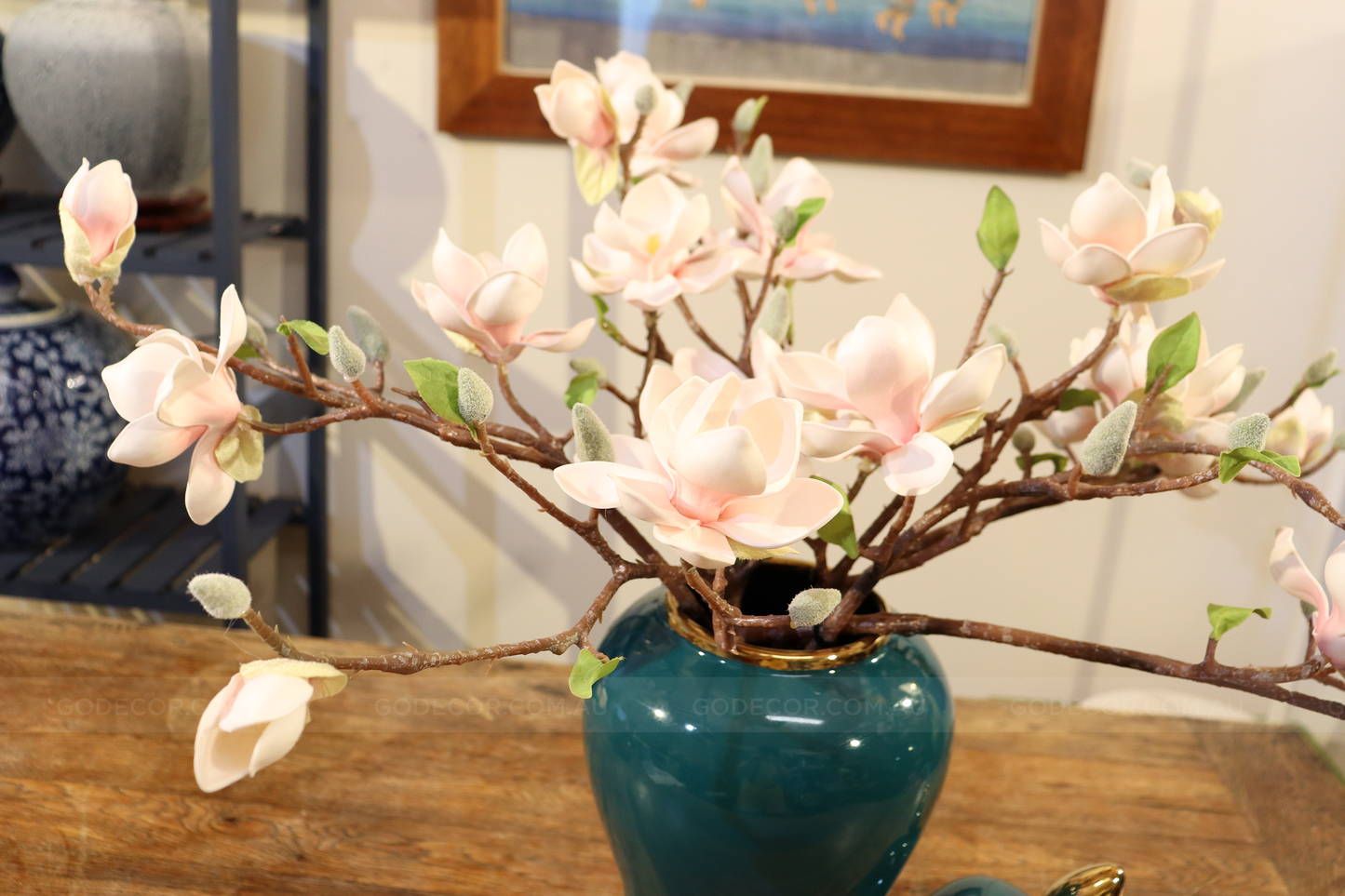 45CM Tall Artificial Flower Arrangement Realistic Magnolia In Dark Green Jar (ARAQ1)